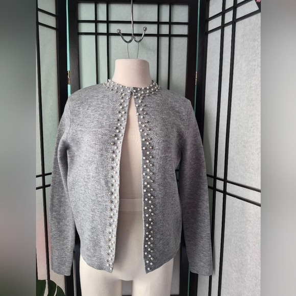 Sweaters - Chic Gray Pearl-Embellished Cardigan